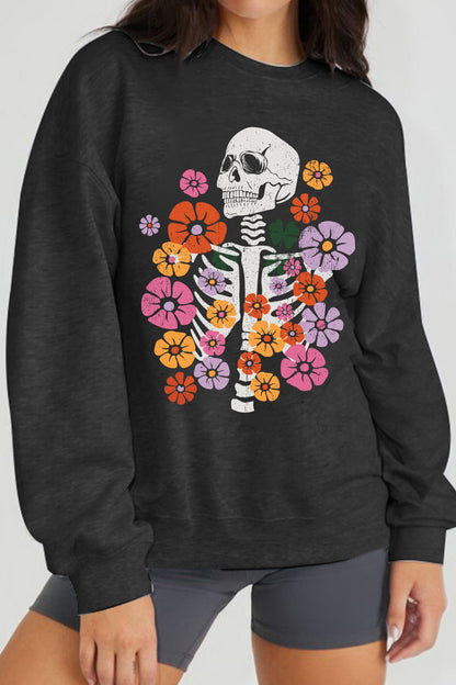 Simply Love Full Size Flower Skeleton Graphic Sweatshirt - Aurelia Clothing