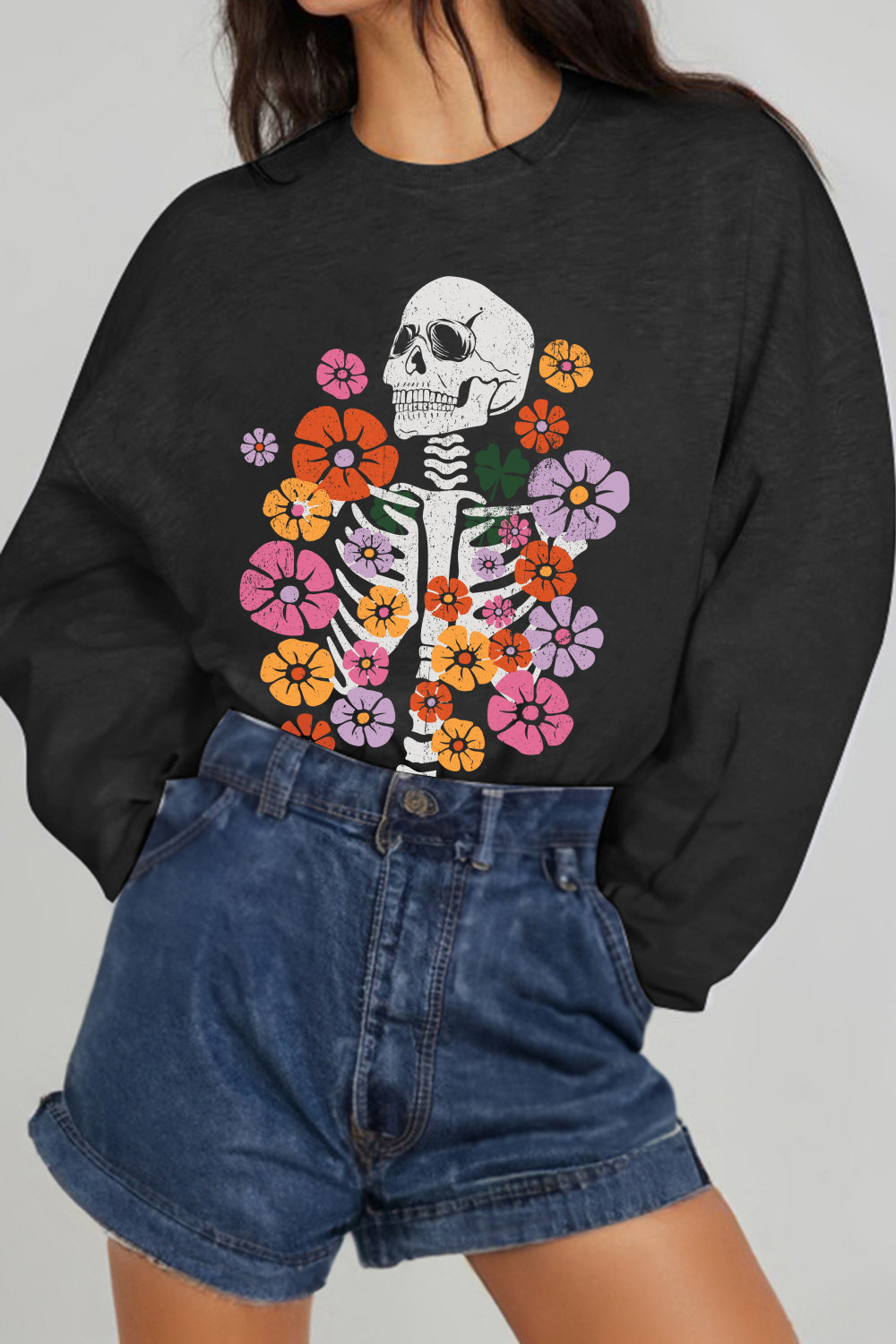 Simply Love Full Size Flower Skeleton Graphic Sweatshirt - Aurelia Clothing