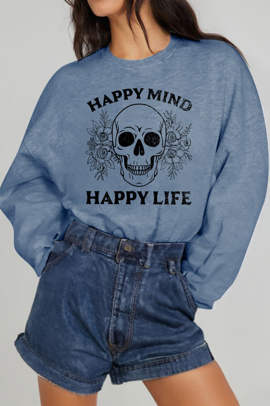 Simply Love Full Size HAPPY MIND HAPPY LIFE SKULL Graphic Sweatshirt - Aurelia Clothing