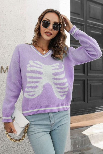 Skeleton Pattern V-Neck Long Sleeve Pullover Sweater - Aurelia Clothing