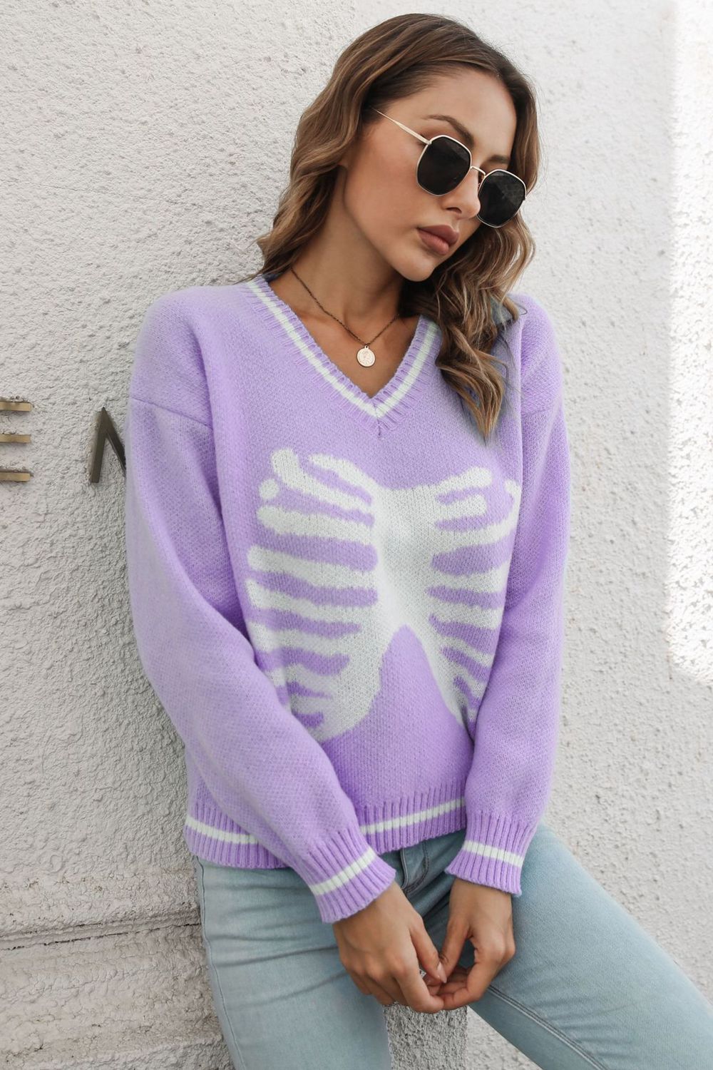 Skeleton Pattern V-Neck Long Sleeve Pullover Sweater - Aurelia Clothing