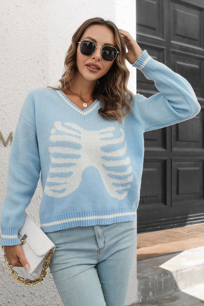 Skeleton Pattern V-Neck Long Sleeve Pullover Sweater - Aurelia Clothing