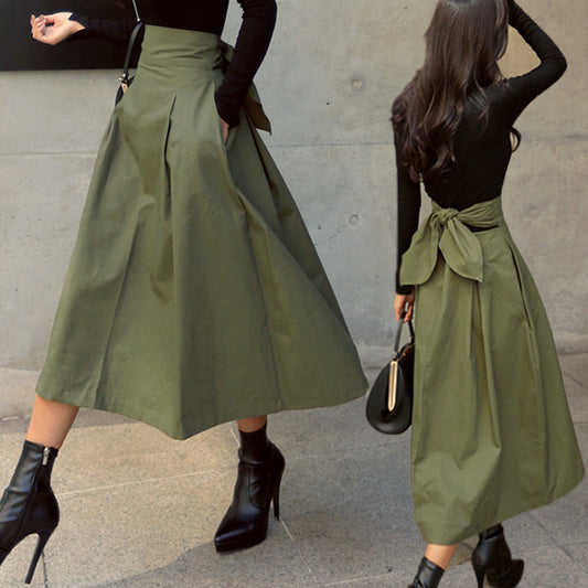 Skirts Womens Korean Fashion Solid Color Big Swing Ladies Skirt Long Skirt  Autumn Wild High Waist Bow Slim Skirts - Free Shipping - Aurelia Clothing