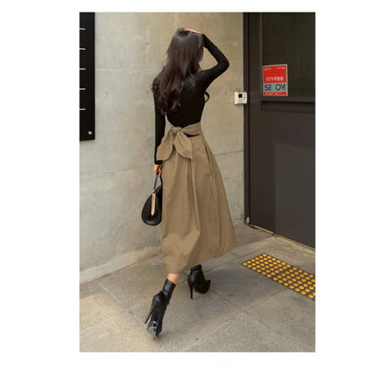 Skirts Womens Korean Fashion Solid Color Big Swing Ladies Skirt Long Skirt  Autumn Wild High Waist Bow Slim Skirts - Free Shipping - Aurelia Clothing