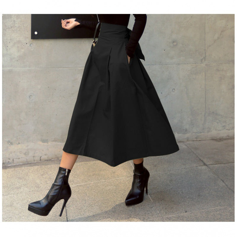 Skirts Womens Korean Fashion Solid Color Big Swing Ladies Skirt Long Skirt  Autumn Wild High Waist Bow Slim Skirts - Free Shipping - Aurelia Clothing