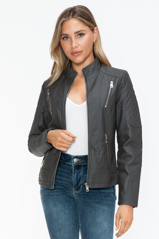 Snobbish Faux Leather Zip Up Mock Neck Jacket - Aurelia Clothing