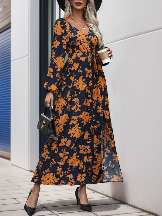 Split Printed Surplice Long Sleeve Midi Dress - Free Shipping - Aurelia Clothing