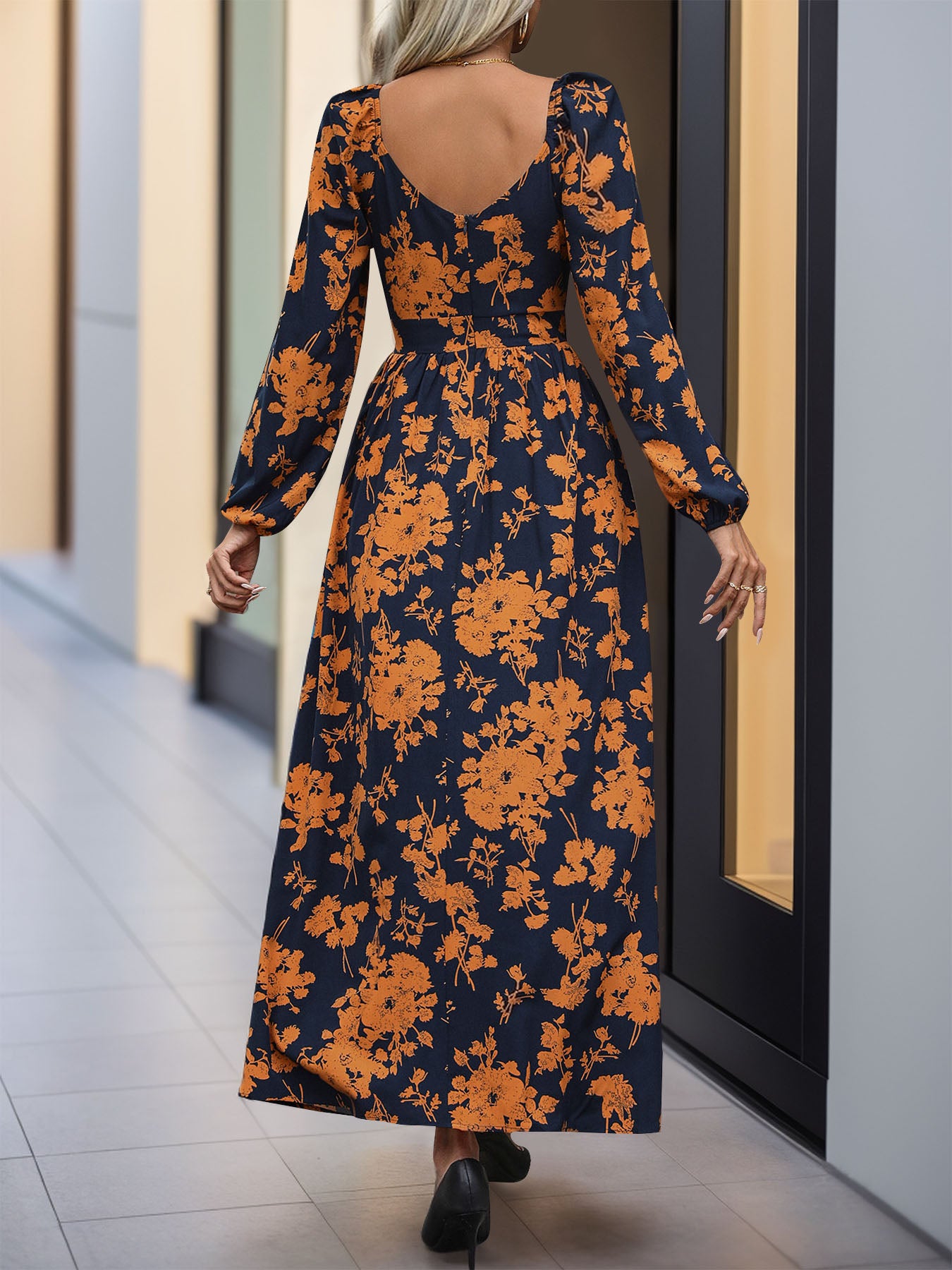 Split Printed Surplice Long Sleeve Midi Dress - Free Shipping - Aurelia Clothing