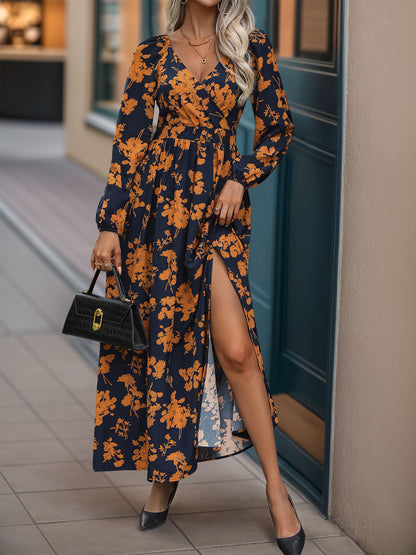 Split Printed Surplice Long Sleeve Midi Dress - Free Shipping - Aurelia Clothing