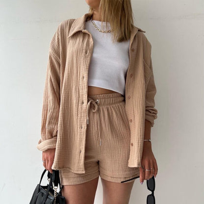 Spring Ruffle Collar Long Sleeve Shirt High Waist Drawstring Shorts Large Fashion Casual Suit - Free Shipping - Aurelia Clothing