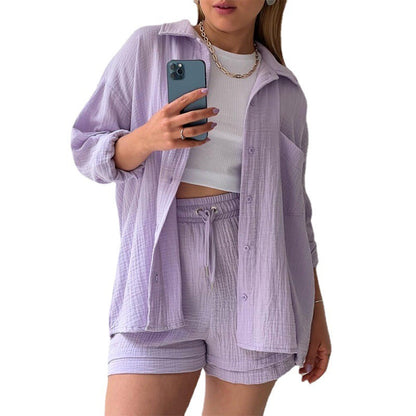 Spring Ruffle Collar Long Sleeve Shirt High Waist Drawstring Shorts Large Fashion Casual Suit - Free Shipping - Aurelia Clothing