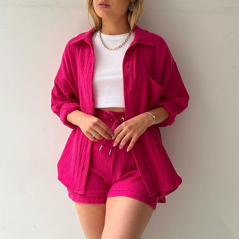 Spring Ruffle Collar Long Sleeve Shirt High Waist Drawstring Shorts Large Fashion Casual Suit - Free Shipping - Aurelia Clothing