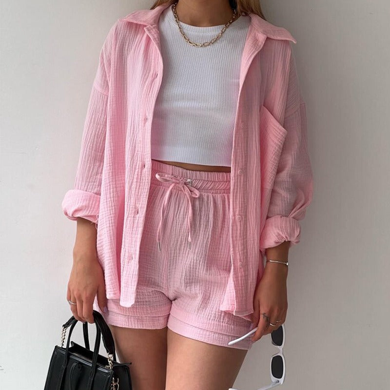 Spring Ruffle Collar Long Sleeve Shirt High Waist Drawstring Shorts Large Fashion Casual Suit - Free Shipping - Aurelia Clothing