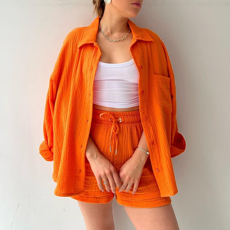 Spring Ruffle Collar Long Sleeve Shirt High Waist Drawstring Shorts Large Fashion Casual Suit - Free Shipping - Aurelia Clothing