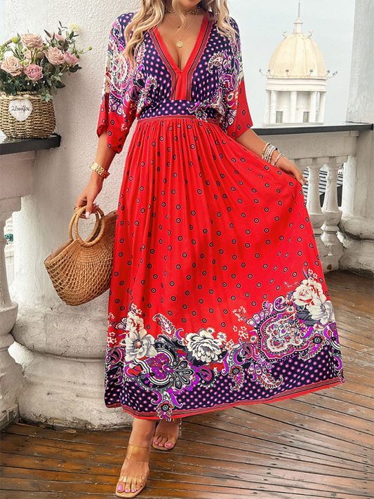 Spring and summer casual holiday printed V-neck long skirt - Free Shipping - Aurelia Clothing