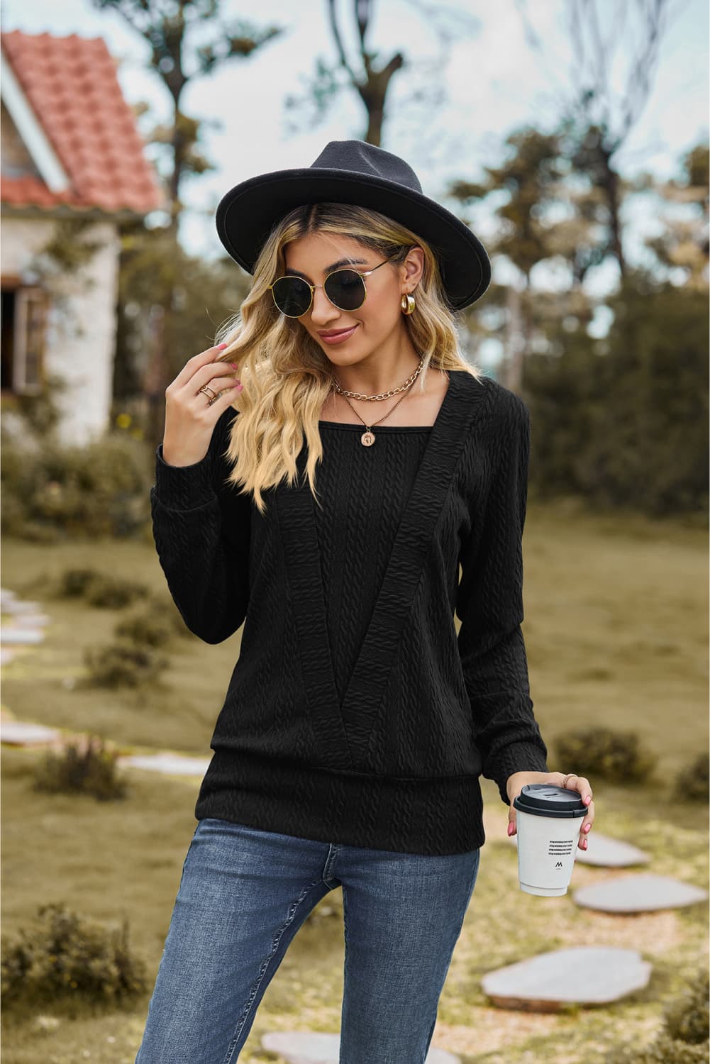 Square Neck Long Sleeve Blouse - Aurelia Clothing