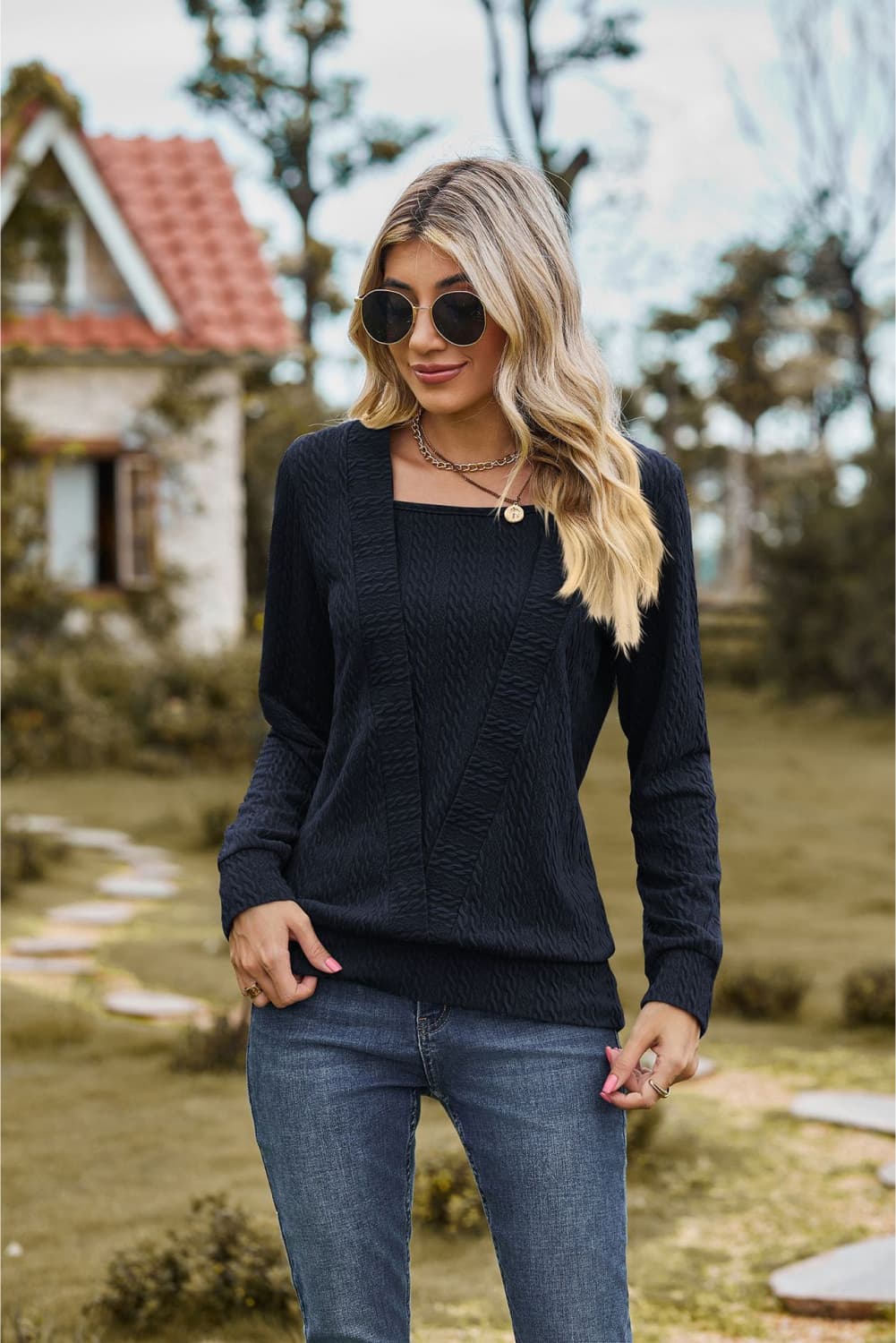 Square Neck Long Sleeve Blouse - Aurelia Clothing