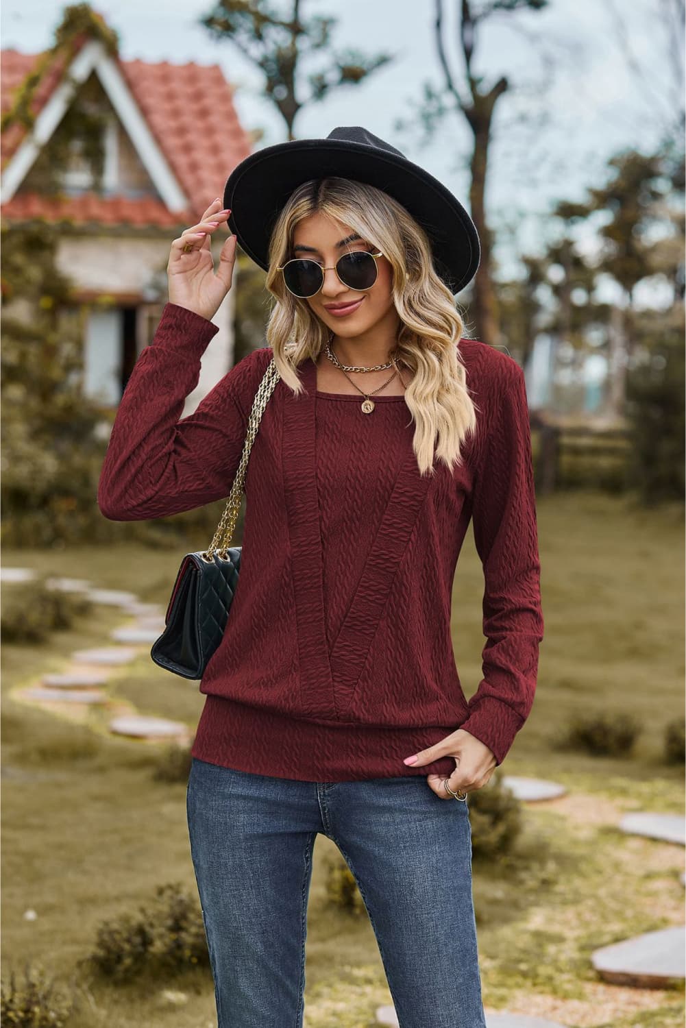 Square Neck Long Sleeve Blouse - Aurelia Clothing