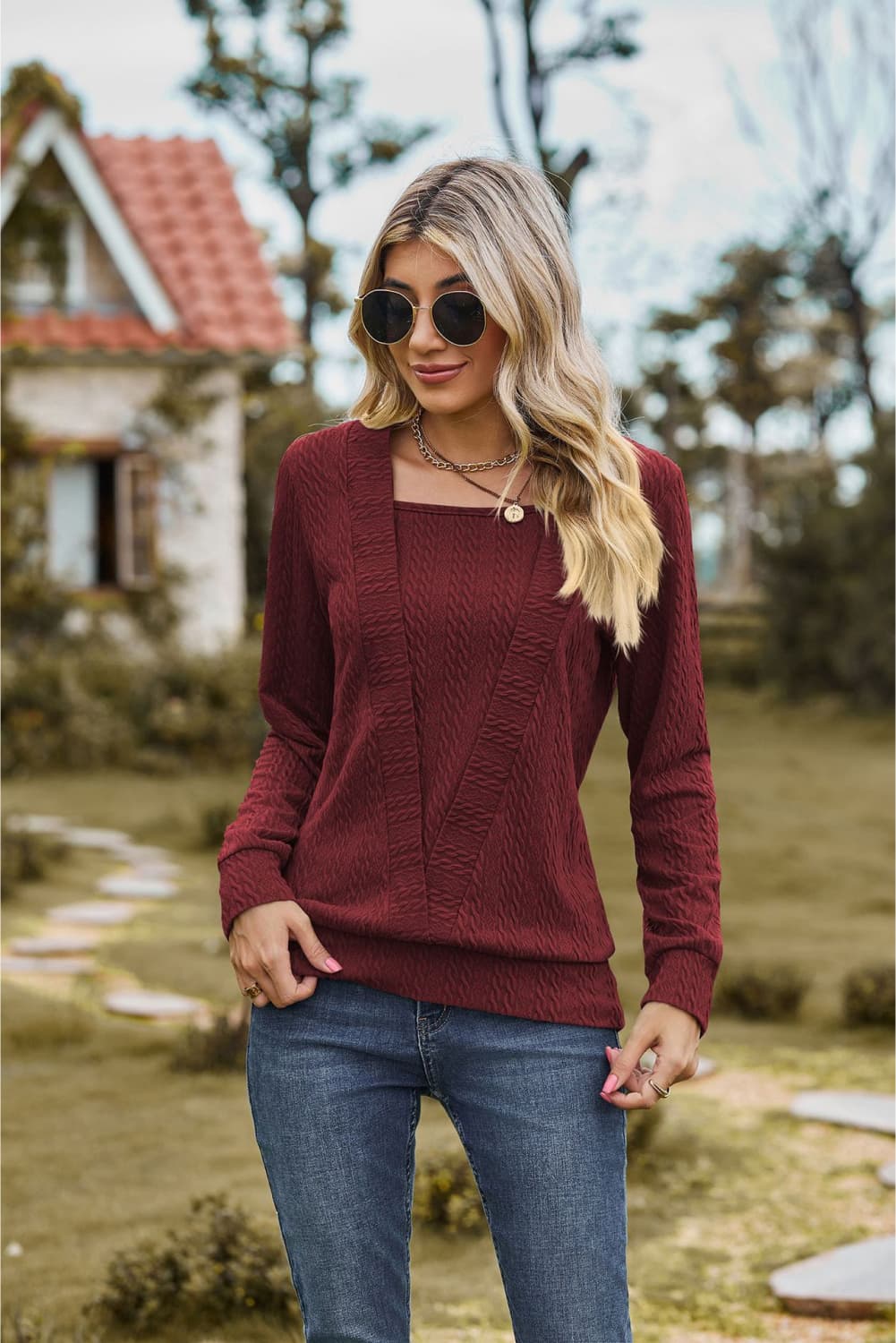 Square Neck Long Sleeve Blouse - Aurelia Clothing