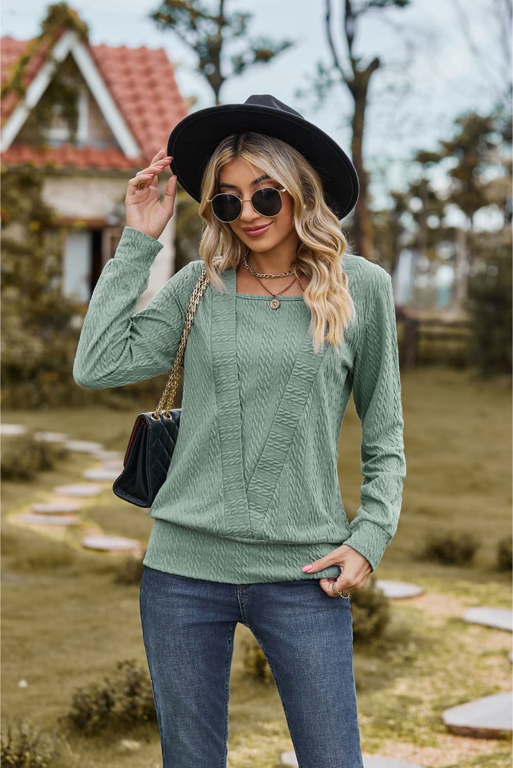 Square Neck Long Sleeve Blouse - Aurelia Clothing