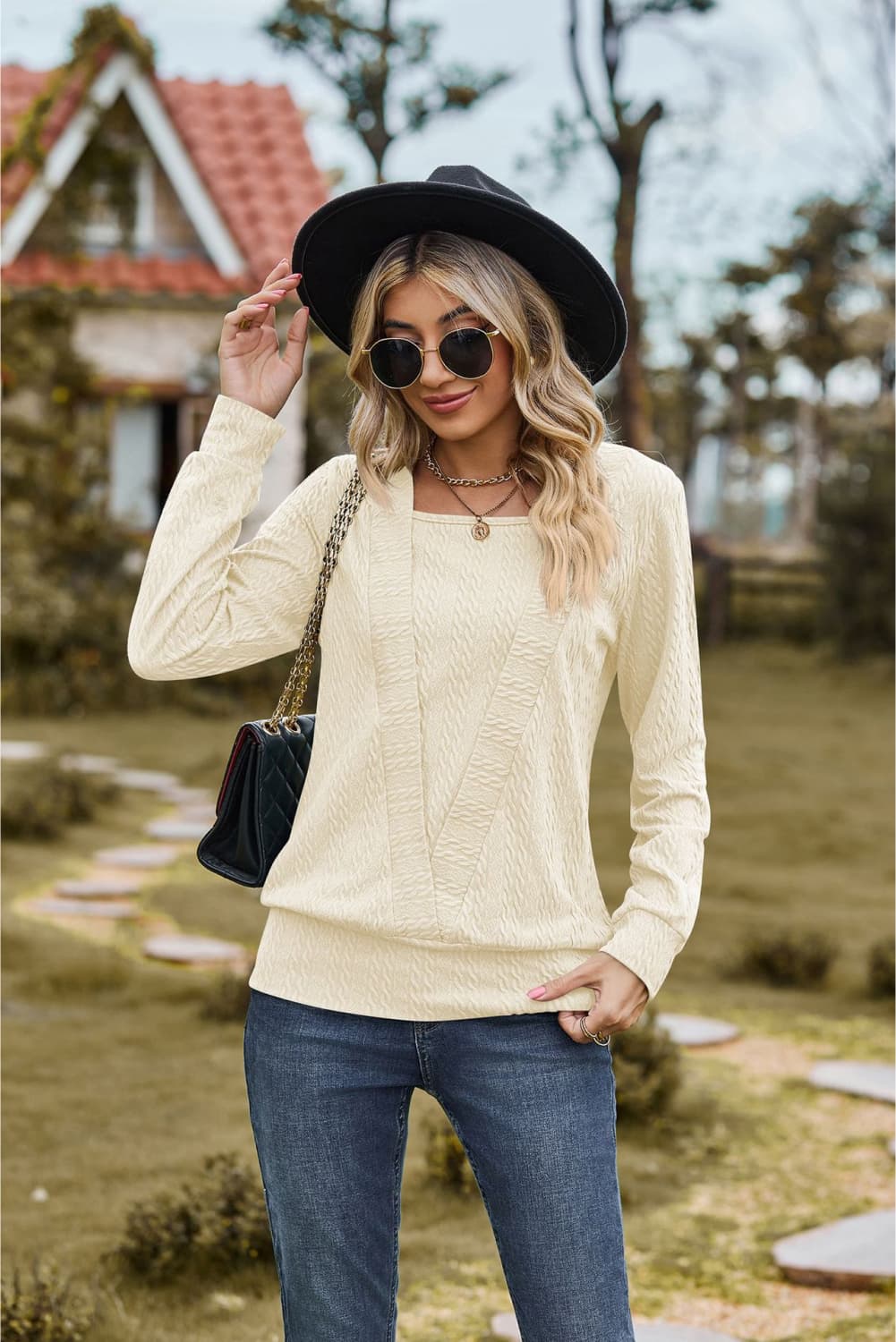 Square Neck Long Sleeve Blouse - Aurelia Clothing