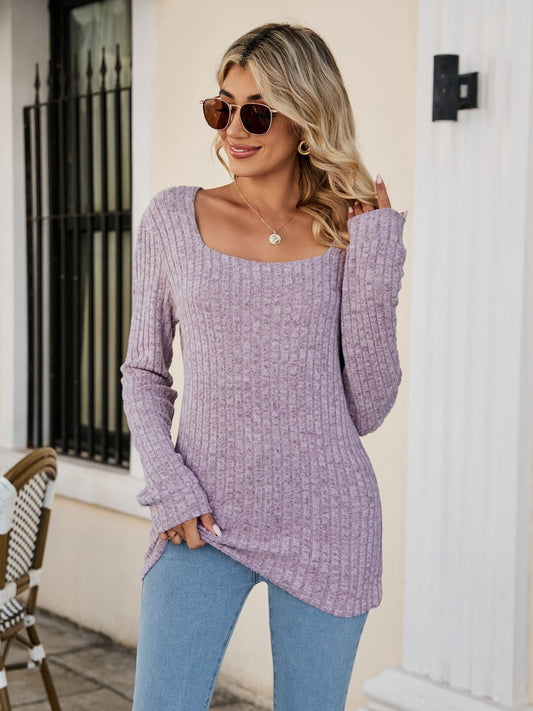 Square Neck Ribbed Long Sleeve T-Shirt - Aurelia Clothing