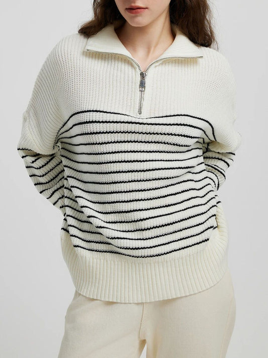 Striped Half Zip Long Sleeve Sweater - Aurelia Clothing