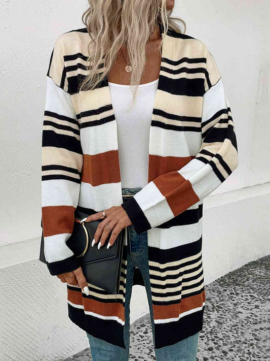 Striped Open Front Drop Shoulder Cardigan - Free Shipping - Aurelia Clothing