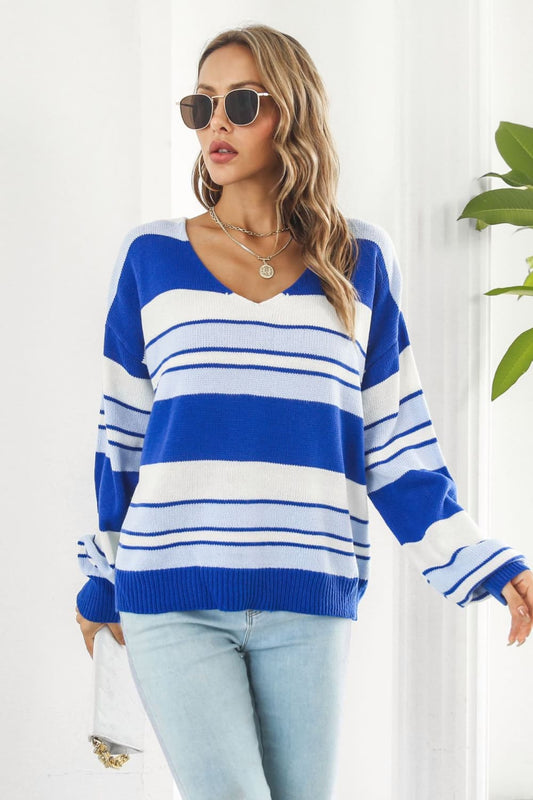 Striped V-Neck Dropped Shoulder Sweater - Aurelia Clothing