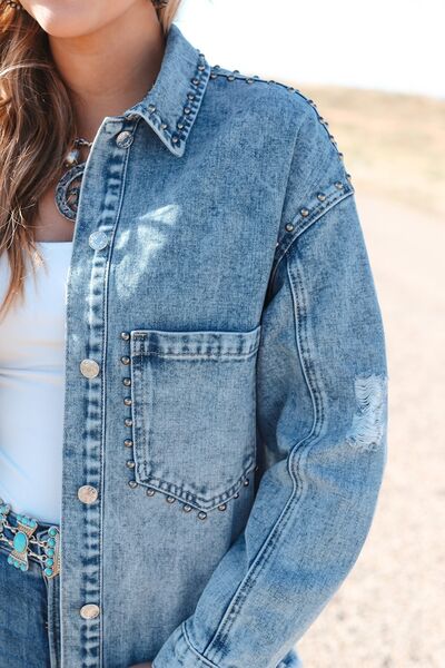 Studded Button Up Raw Hem Denim Jacket - Aurelia Clothing