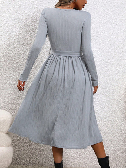 Surplice Tie Waist Long Sleeve Midi Dress - Free Shipping - Aurelia Clothing