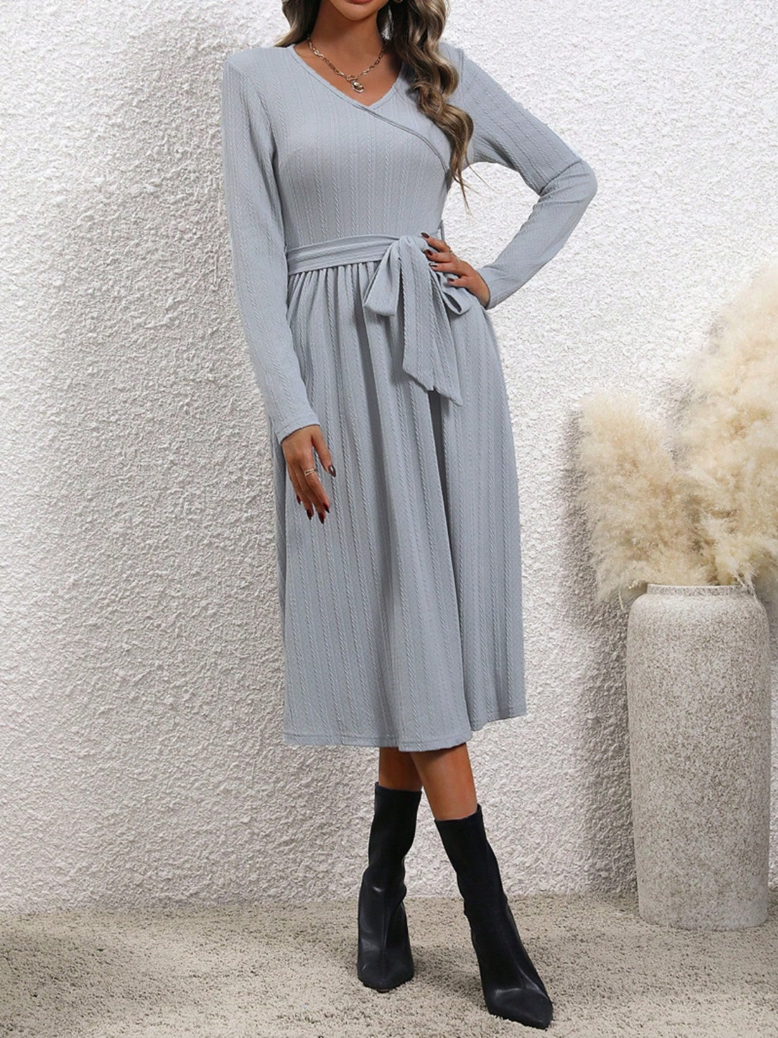 Surplice Tie Waist Long Sleeve Midi Dress - Free Shipping - Aurelia Clothing