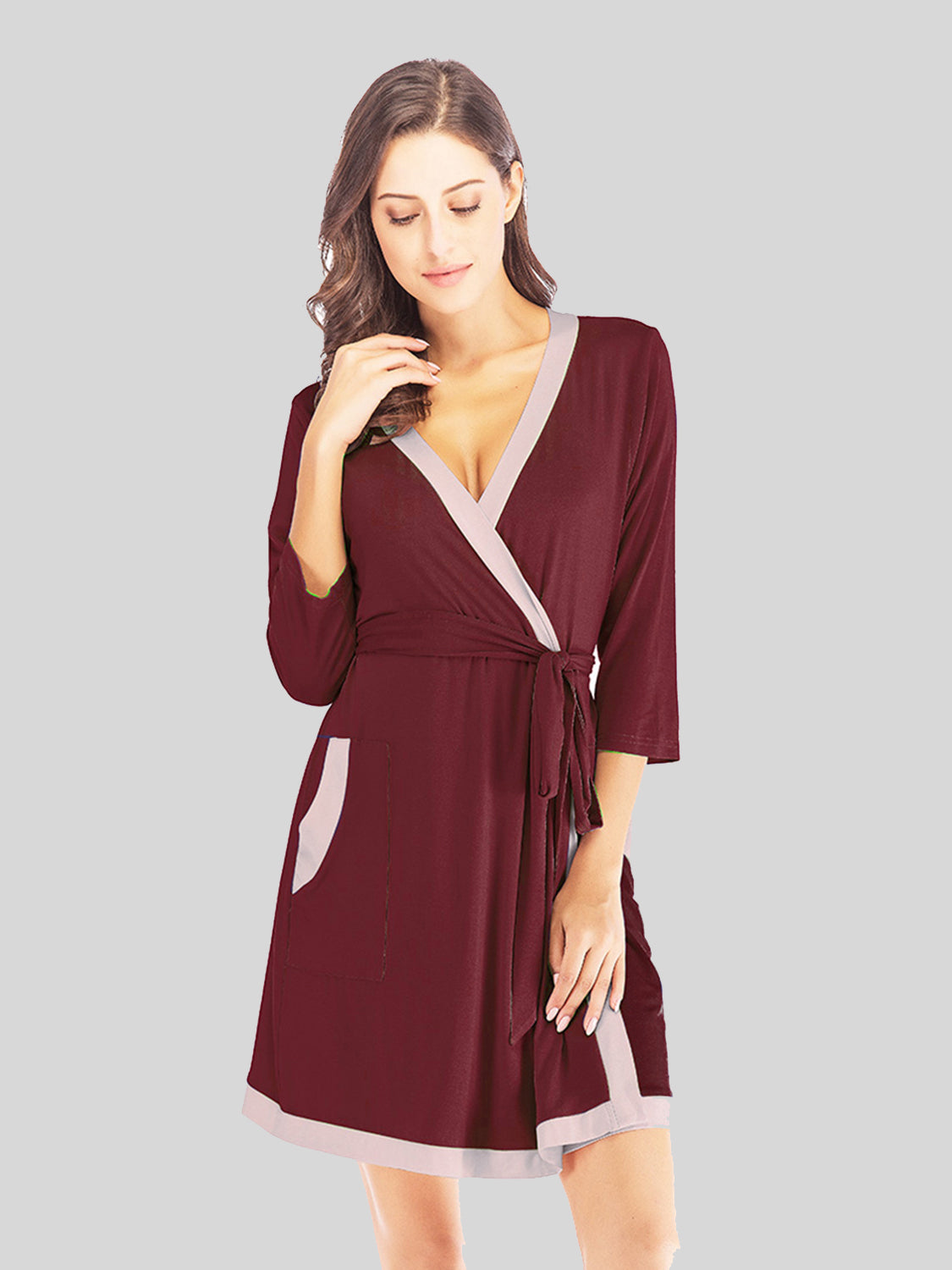 Tie Waist Surplice Neck Robe with Pockets - Aurelia Clothing