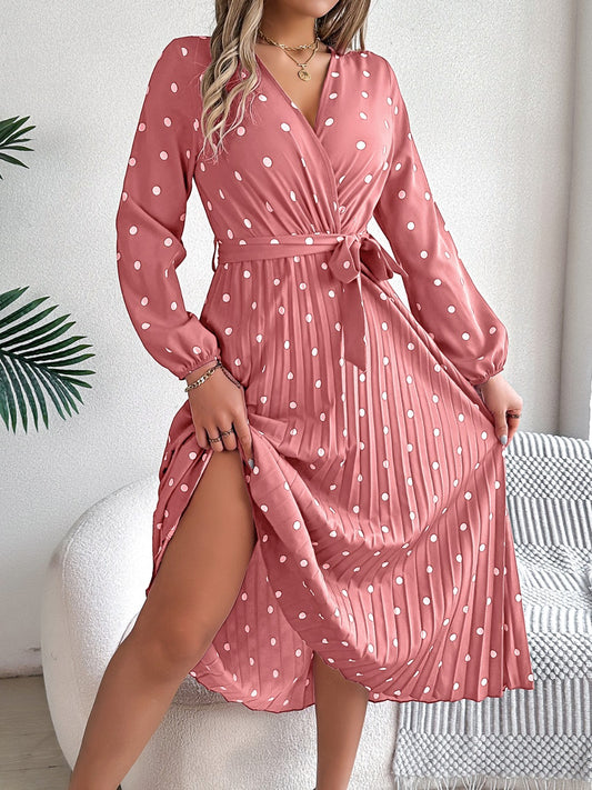 Tied Polka Dot Long Sleeve Midi Dress - Aurelia Clothing