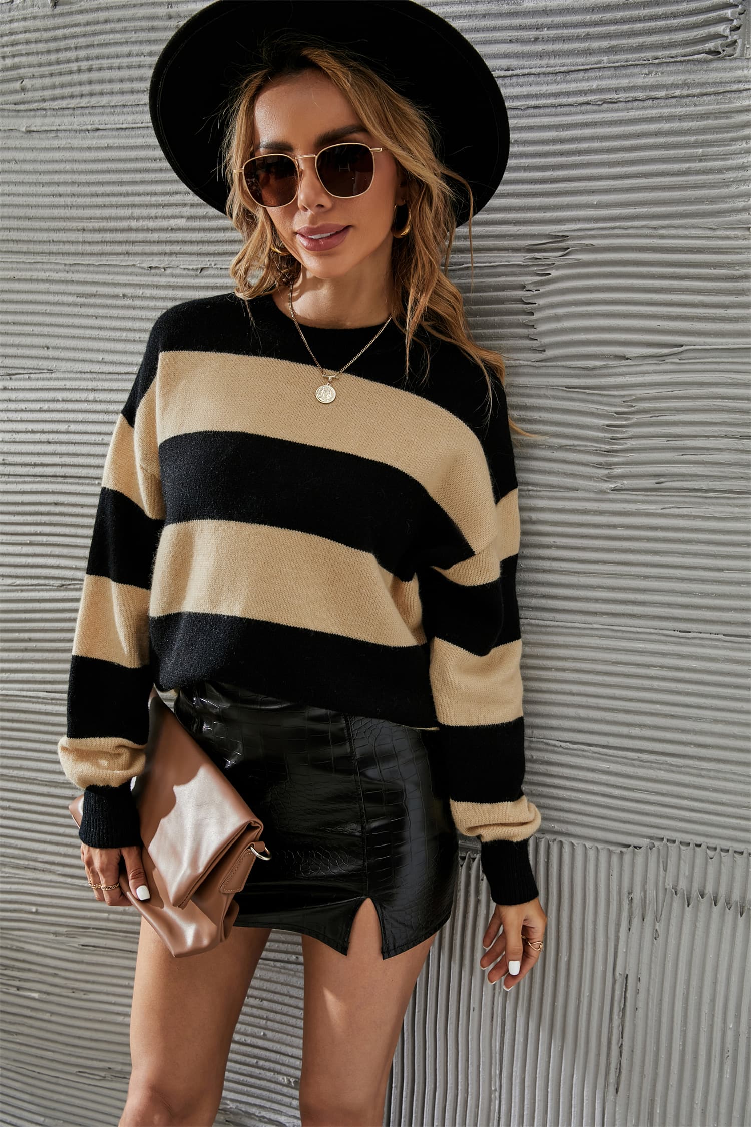 Two-Tone Round Neck Dropped Shoulder Sweater - Aurelia Clothing