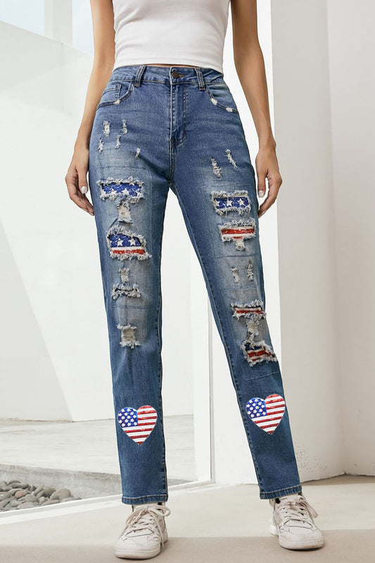 US Flag Distressed Straight Jeans - Aurelia Clothing