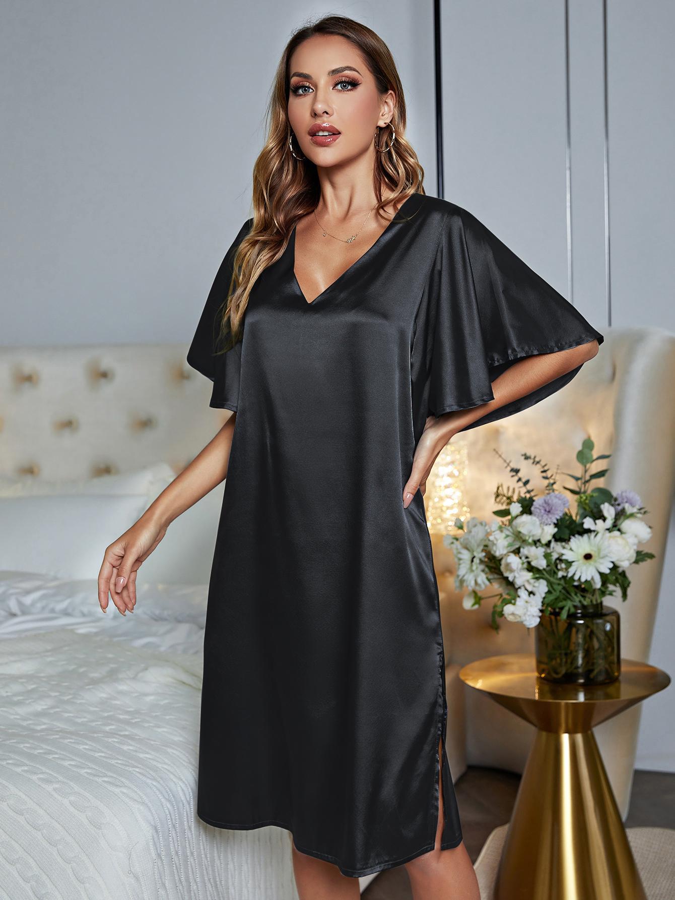 V-Neck Flutter Sleeve Night Gown - Aurelia Clothing