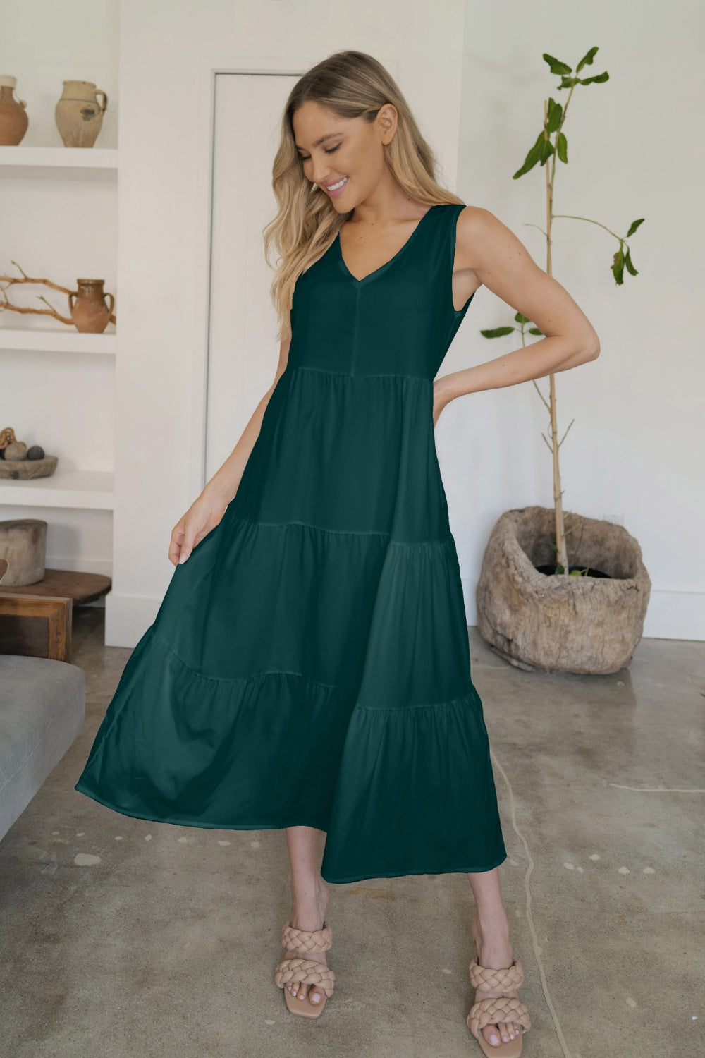 V-Neck Sleeveless Midi Tiered Dress - Free Shiping - Aurelia Clothing