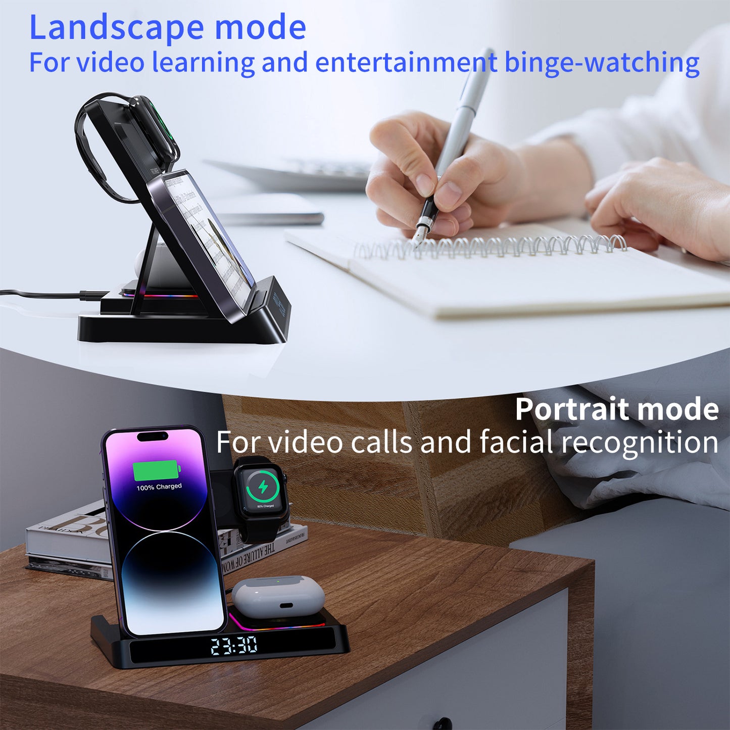 Wireless charging four in one folding clock charging dock suitable for wireless charging of Apple 14 mobile phones and watches - Free Shipping - Aurelia Clothing