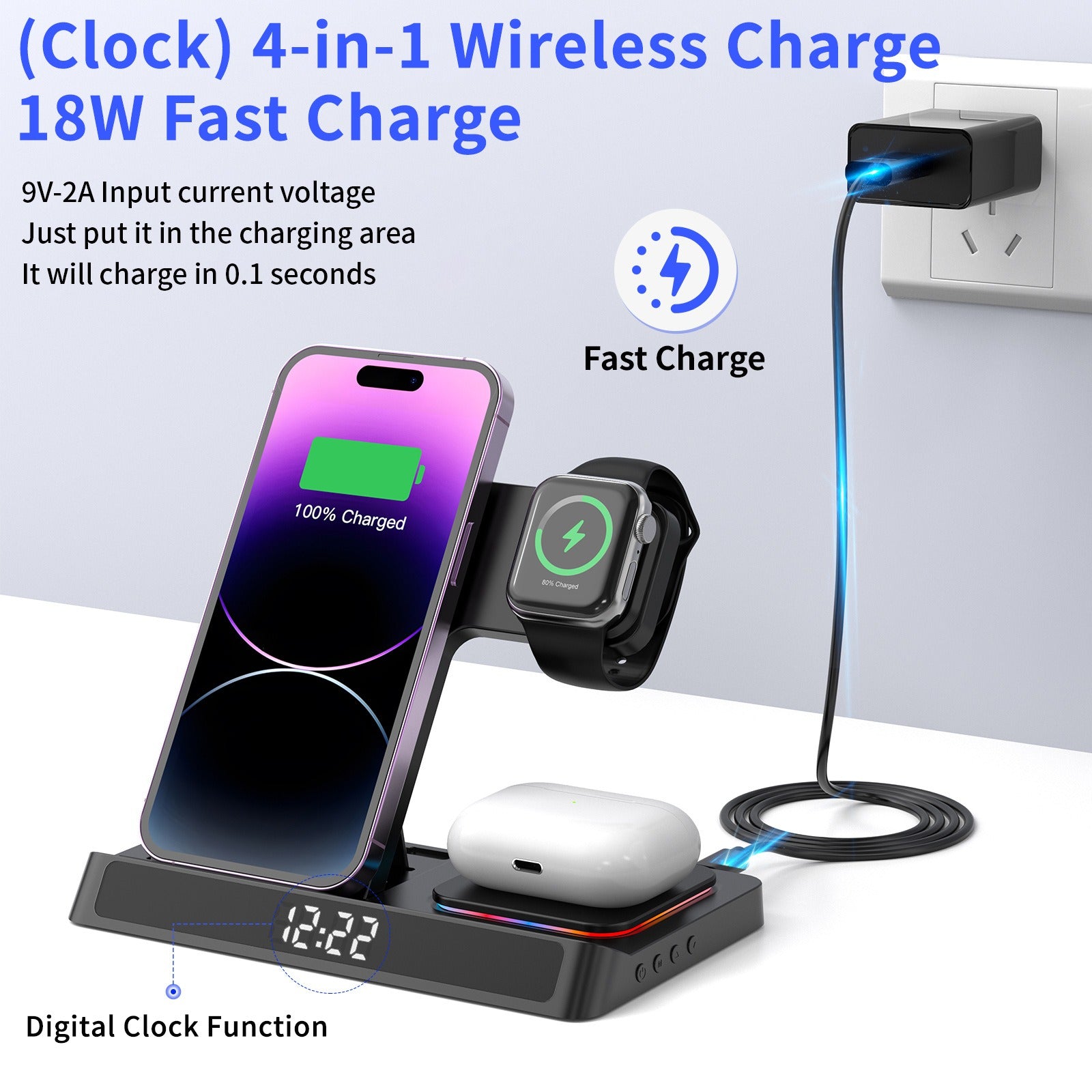 Wireless charging four in one folding clock charging dock suitable for wireless charging of Apple 14 mobile phones and watches - Free Shipping - Aurelia Clothing