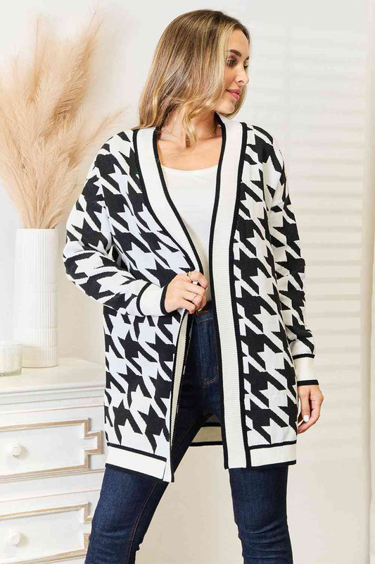 Woven Right Houndstooth Open Front Longline Cardigan - Aurelia Clothing