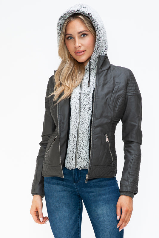 YMI Faux Layered Double-Zipper Jacket with Fuzzy Hood - Aurelia Clothing