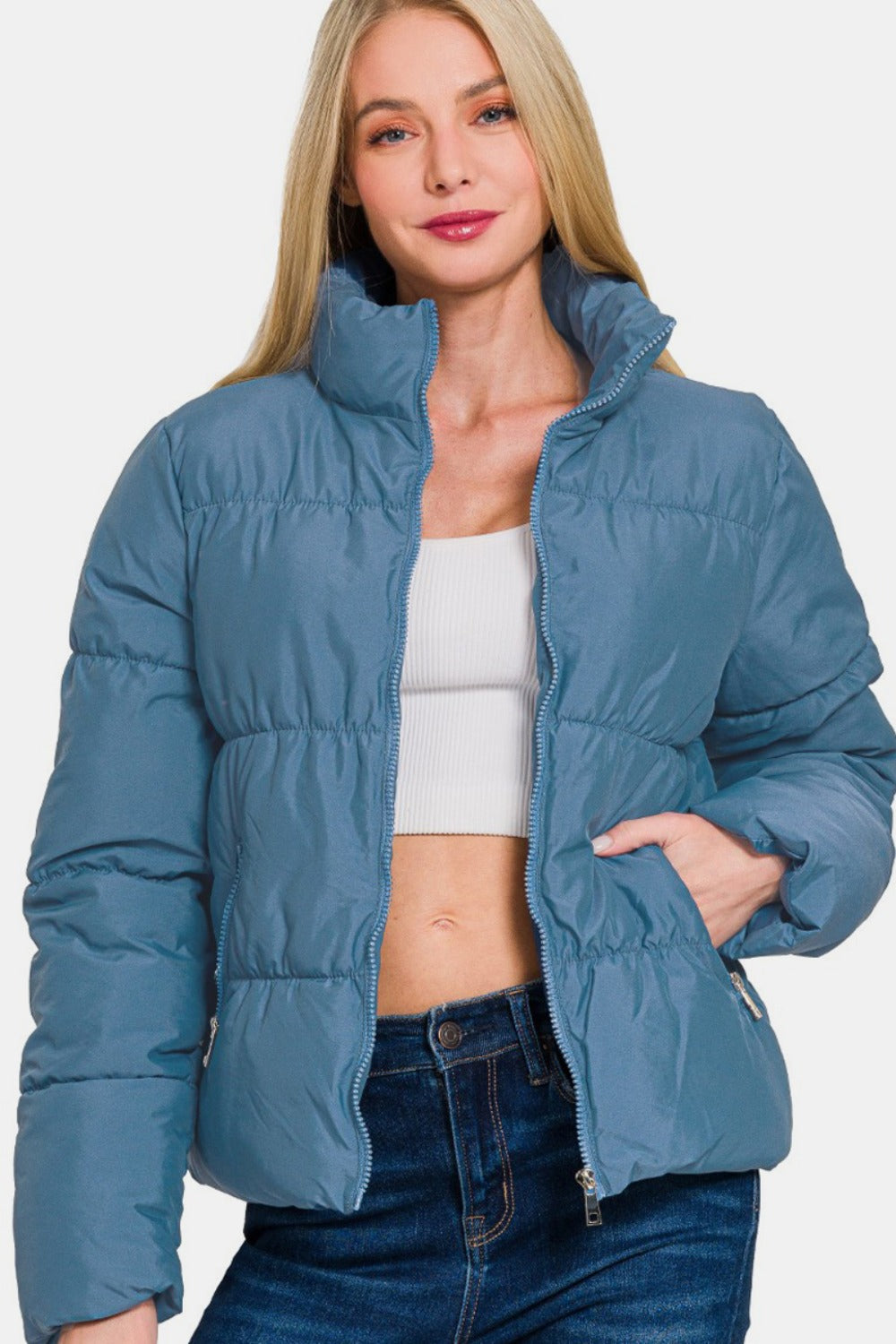 Zenana Zip Up Turtleneck Puffer Jacket with Pockets - Aurelia Clothing