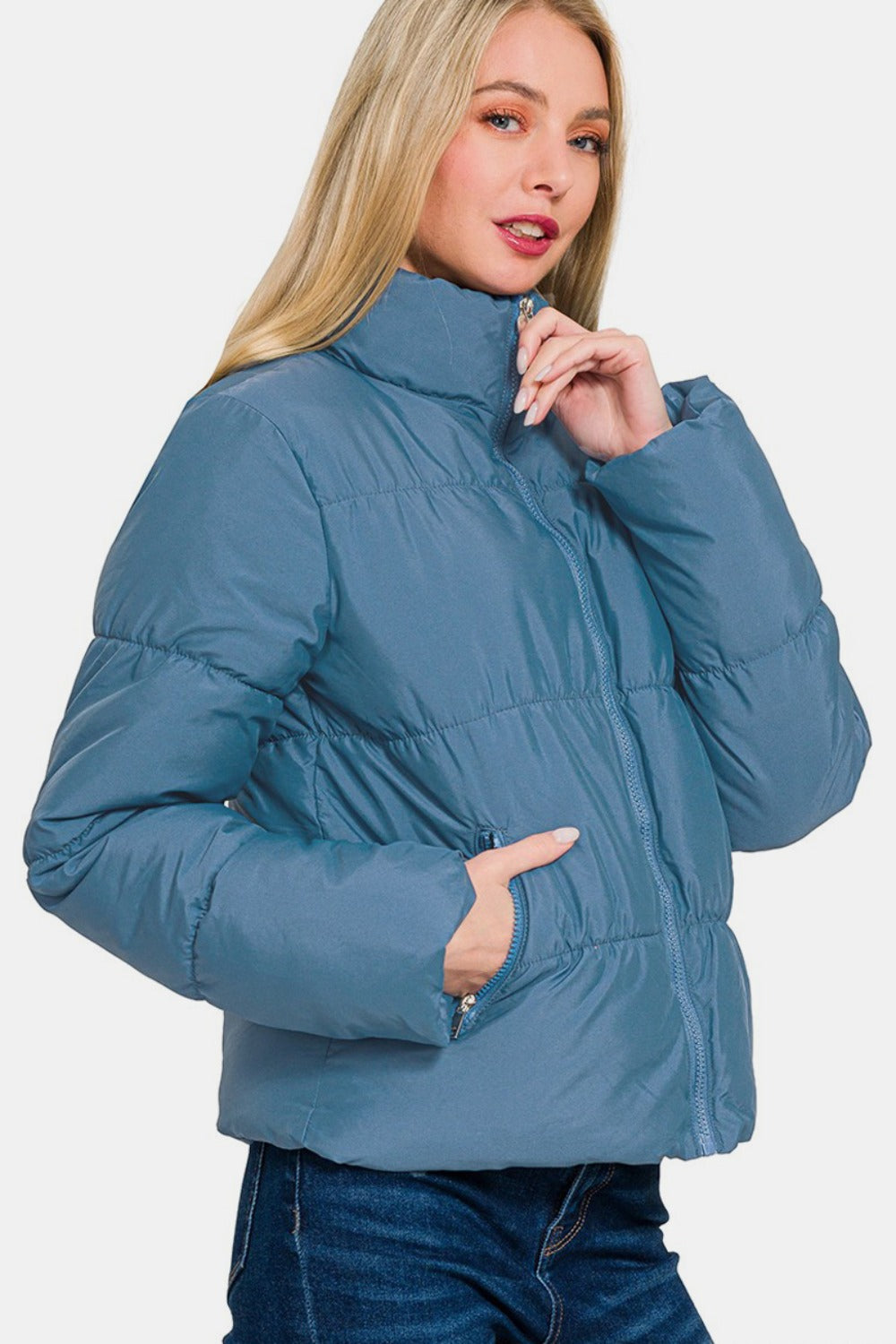 Zenana Zip Up Turtleneck Puffer Jacket with Pockets - Aurelia Clothing