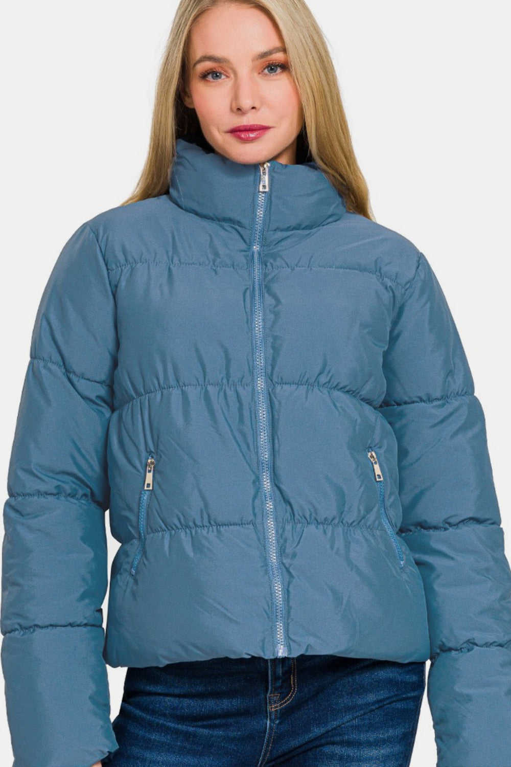 Zenana Zip Up Turtleneck Puffer Jacket with Pockets - Aurelia Clothing