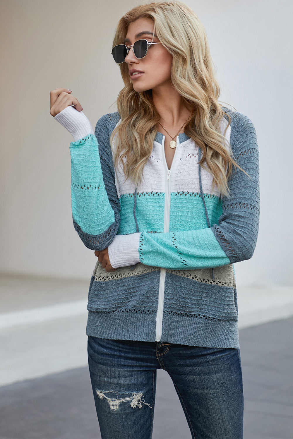 Zip-Up Raglan Sleeve Openwork Hooded Cardigan - Aurelia Clothing