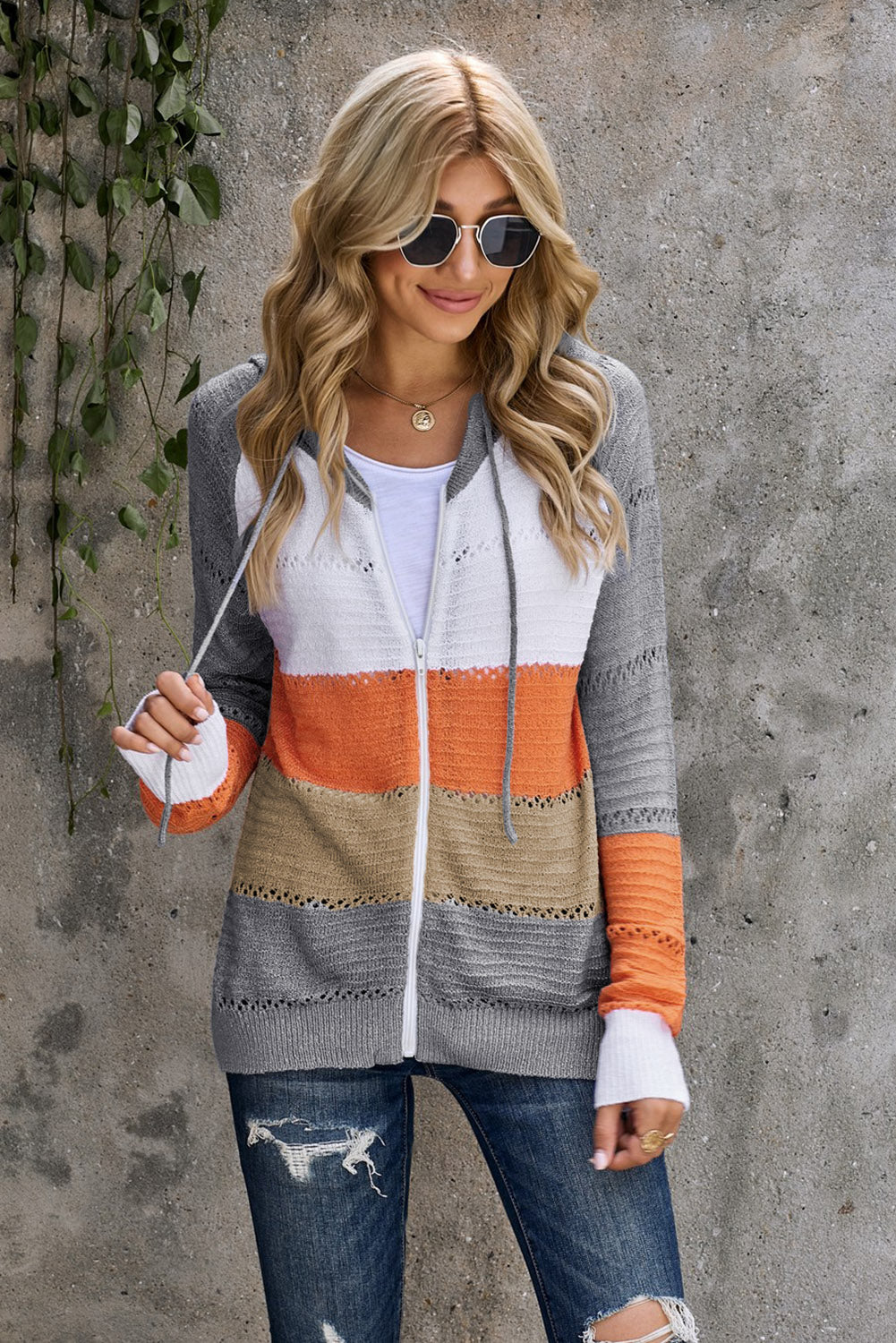 Zip-Up Raglan Sleeve Openwork Hooded Cardigan - Aurelia Clothing