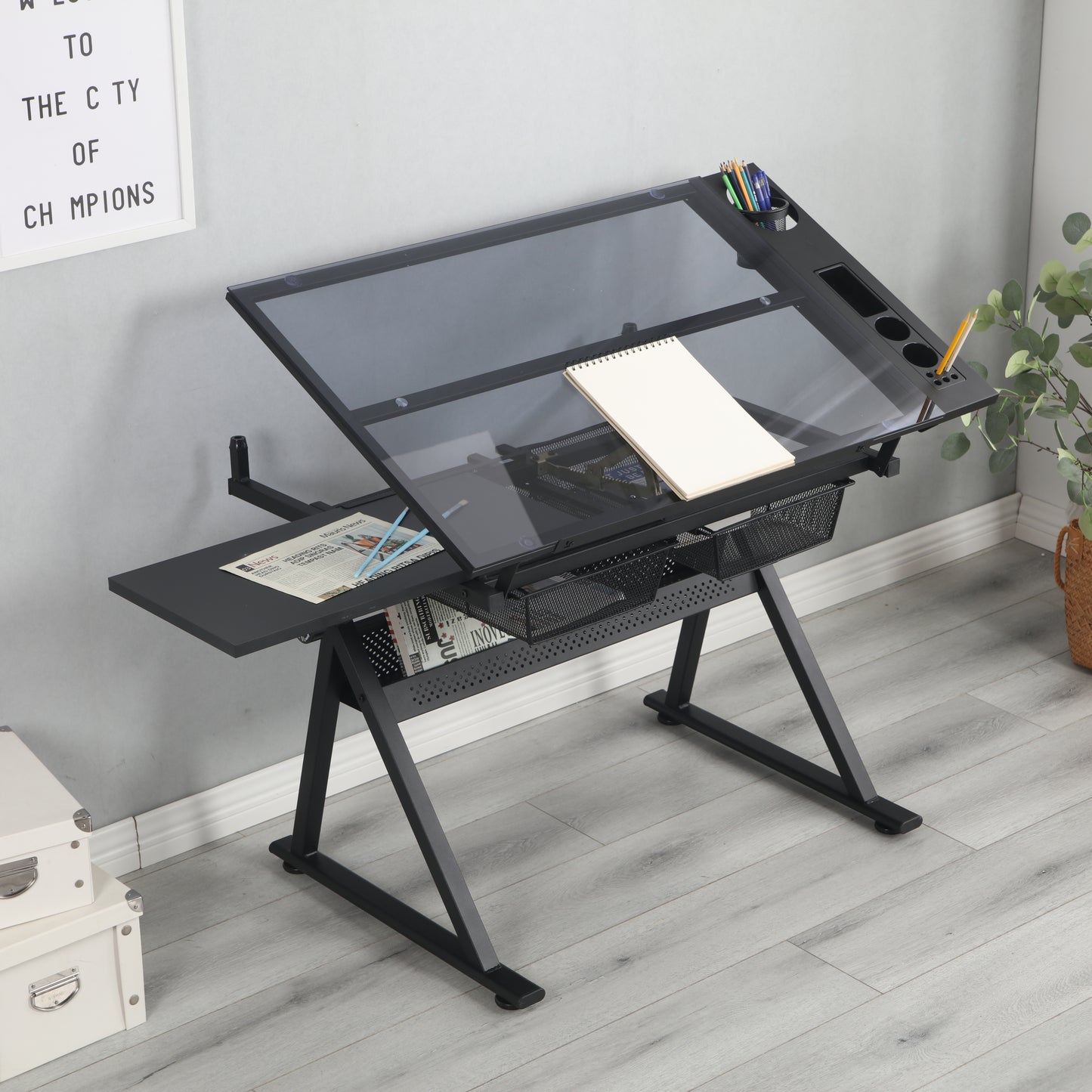 black adjustable tempered glass drafting printing table with chair - Free Shipping - Aurelia Clothing