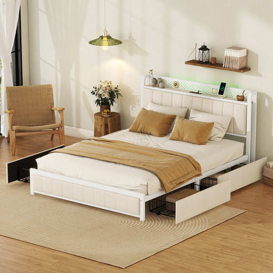 Queen Bed Frame with LED Headboard, Upholstered Bed with 4 Storage Drawers and USB Ports, Beige - Free Shipping