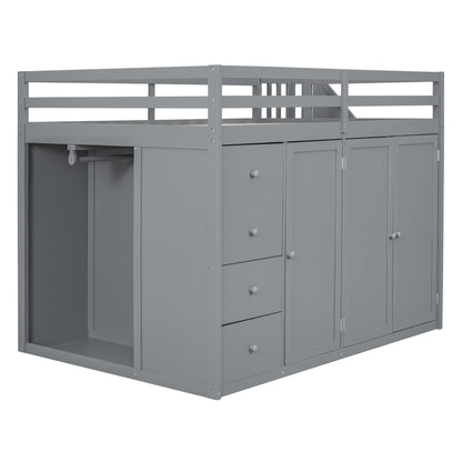 Full Size Wood Loft Bed With Built-in Wardrobes, Cabinets and Drawers, Gray - Free Shipping - Aurelia Clothing